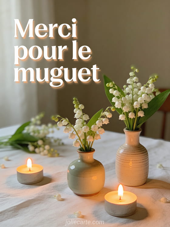 Décoration de table avec brins de muguet dans petits vases assortis, bougies allumées et nappe blanche