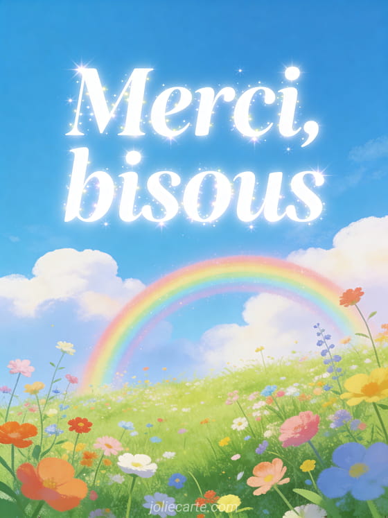Arc-en-ciel au-dessus d'une prairie verte avec des fleurs sauvages multicolores, ciel bleu avec des nuages cotonneux, style illustration