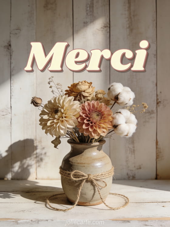Composition de fleurs séchées avec des dahlias et du coton dans un vase en grès, fond en bois clair patiné avec ficelle de jute, style vintage