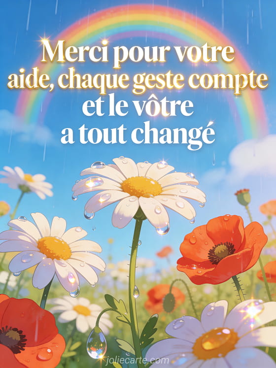 Arc-en-ciel au-dessus d'un pré fleuri avec des marguerites et des coquelicots, ciel bleu après la pluie, gouttes scintillantes sur les pétales
