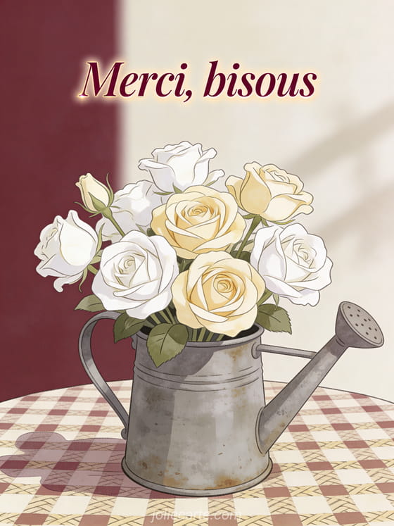 Composition florale de roses blanches et crème dans un arrosoir en zinc vintage, nappe à carreaux, lumière naturelle douce, style rustique