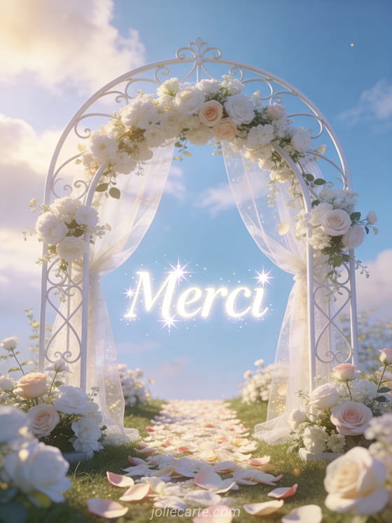 Arche de mariage en fer forgé blanc décorée de tulle et fleurs blanches et roses avec pétales au sol et ciel bleu avec le texte Merci