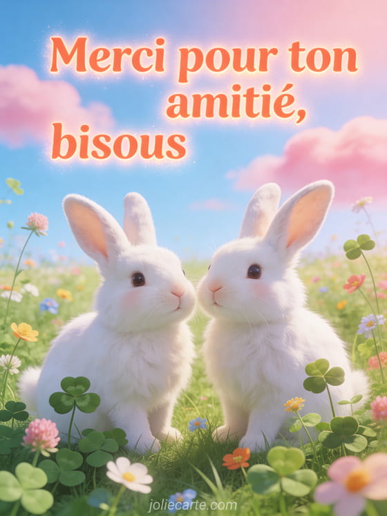 Deux lapins blancs côte à côte dans un pré fleuri de trèfles et de pâquerettes, lumière printanière douce, ciel bleu avec nuages roses, style illustration tendre