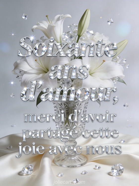 Composition de lys blancs et cristaux dans un vase en verre taillé avec nappe en satin ivoire et petits diamants décoratifs avec le texte Soixante ans d'amour