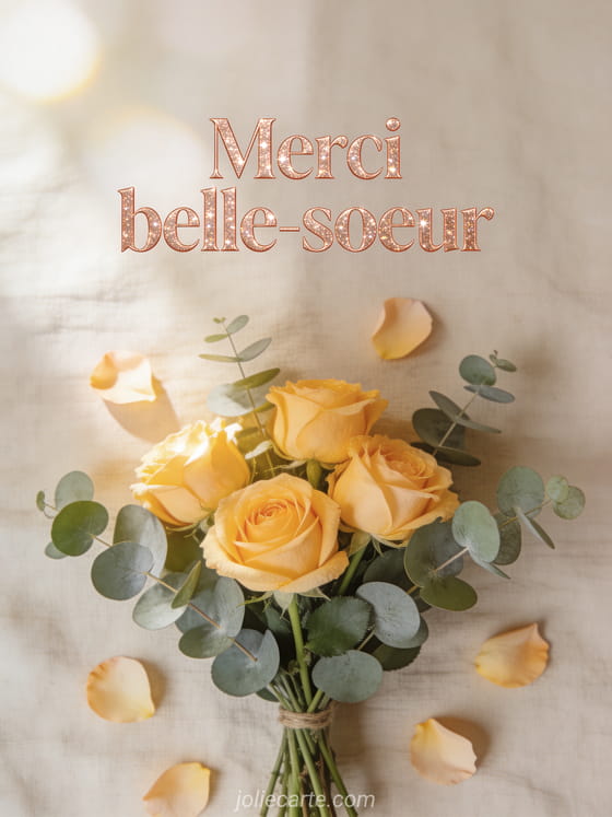 Arrangement élégant de roses jaunes lumineuses avec eucalyptus sur fond en lin naturel, lumière douce et diffuse, quelques pétales éparpillés, ambiance chic