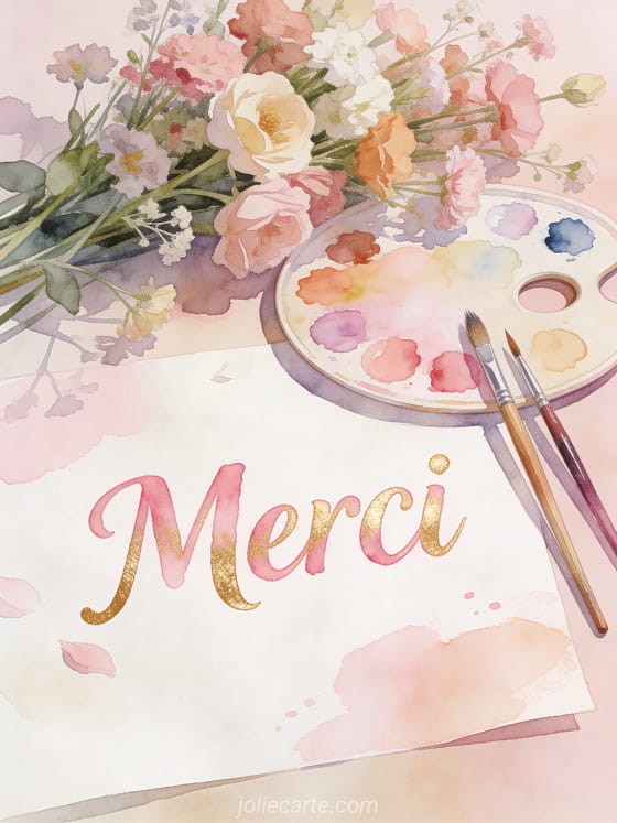 Palette de peintre avec touches de couleurs pastels, pinceaux posés à côté, fleurs fraîches coupées, fond texturé papier aquarelle, tons pastels, style illustration artistique