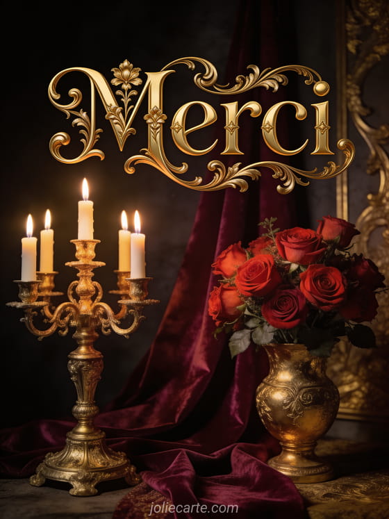 Grand candélabre doré avec bougies allumées drapés de velours bordeaux et roses rouges opulentes dans un vase doré avec le texte Merci en lettres dorées baroques