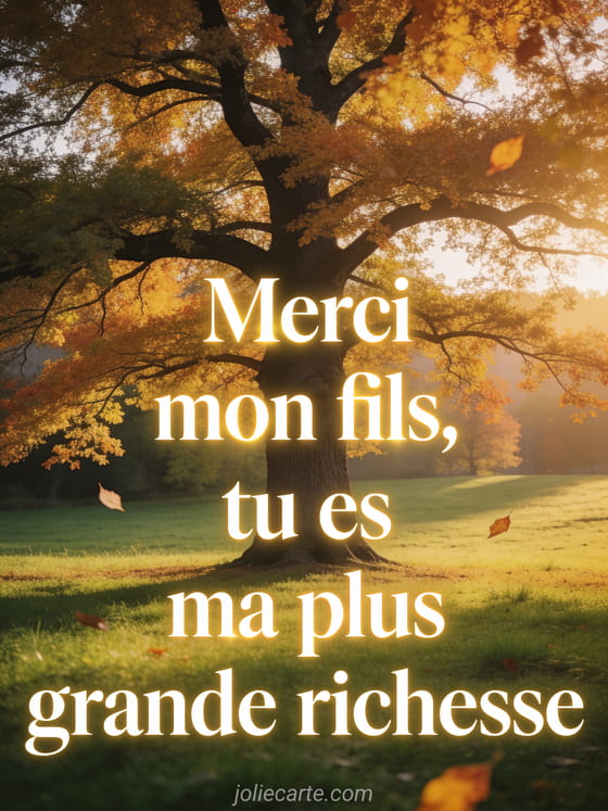 Grand chêne majestueux aux feuilles dorées d'automne dans une prairie verdoyante avec lumière rasante du soleil couchant