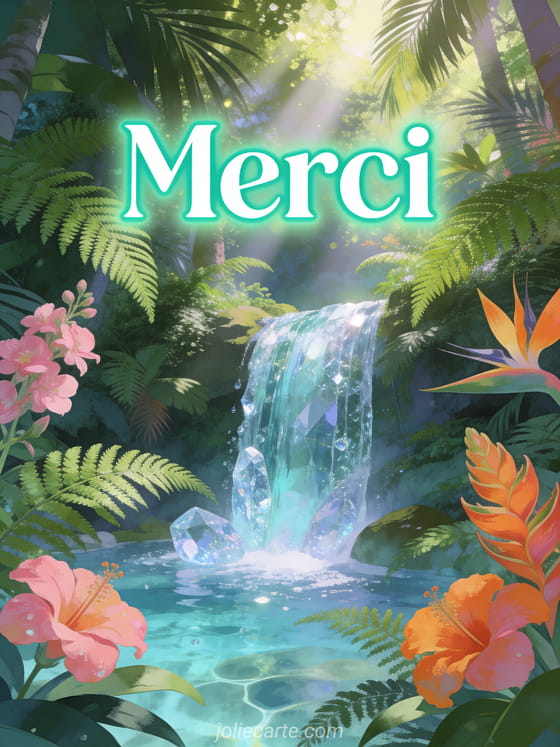 Cascade cristalline dans une forêt tropicale luxuriante avec fougères vertes et fleurs exotiques roses et oranges