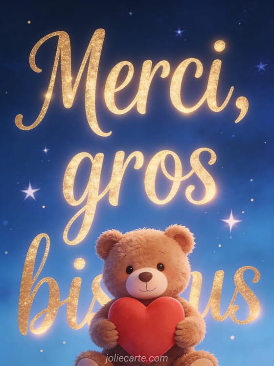 Petit ours en peluche brun tenant un gros coeur rouge sur fond bleu nuit avec étoiles scintillantes