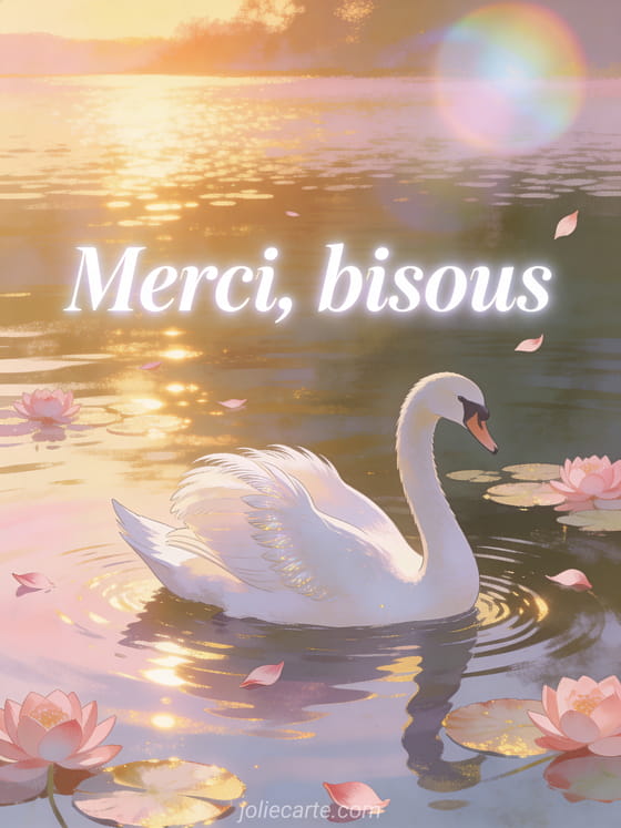 Cygne blanc sur un lac paisible au coucher du soleil avec nénuphars roses et reflets dorés sur l'eau
