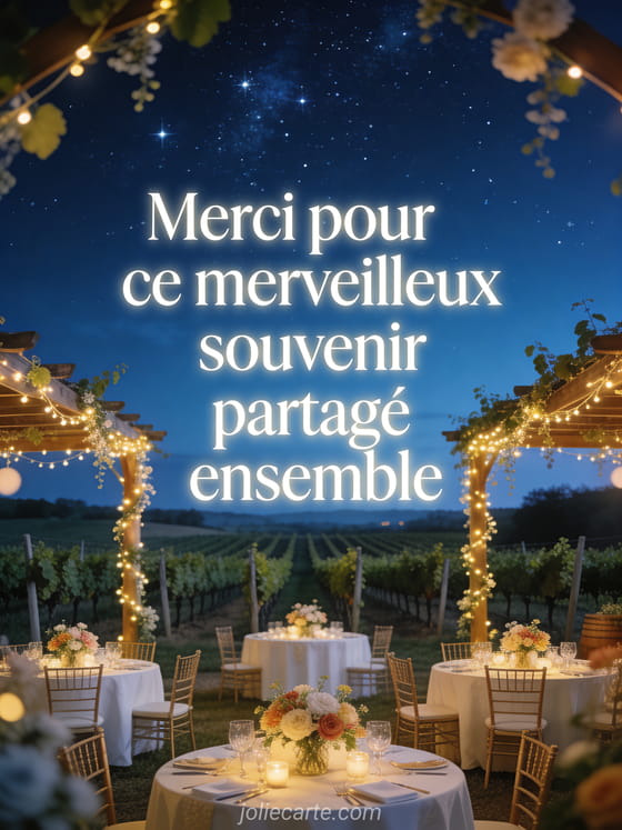 Nuit étoilée au-dessus d'un vignoble avec tonnelles décorées de guirlandes lumineuses et tables rondes fleuries