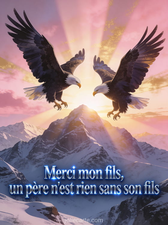 Deux aigles majestueux planant côte à côte au-dessus de montagnes enneigées au lever du soleil rose et or