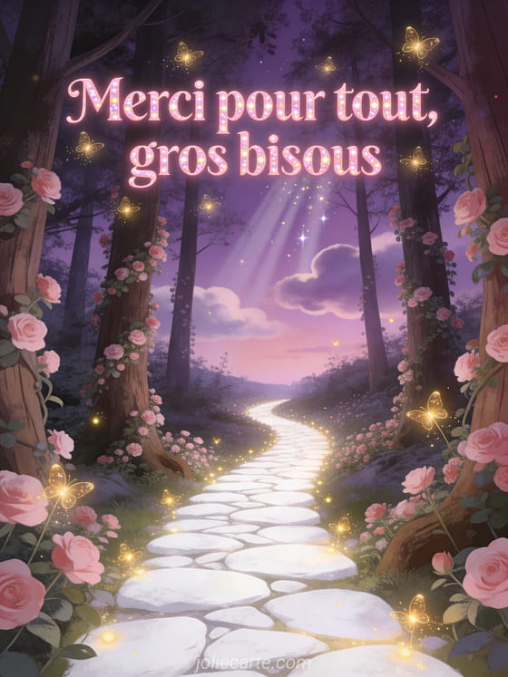 Forêt enchantée avec des arbres couverts de fleurs roses, chemin lumineux et lucioles dorées avec le texte Merci pour tout gros bisous