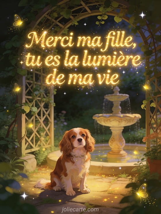Cavalier king charles aux yeux doux dans un jardin secret avec fontaine ornementale, treillage de vigne et lucioles