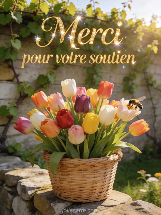 Bouquet de tulipes multicolores dans un panier en osier sur un muret de pierre avec vigne grimpante et lumière matinale