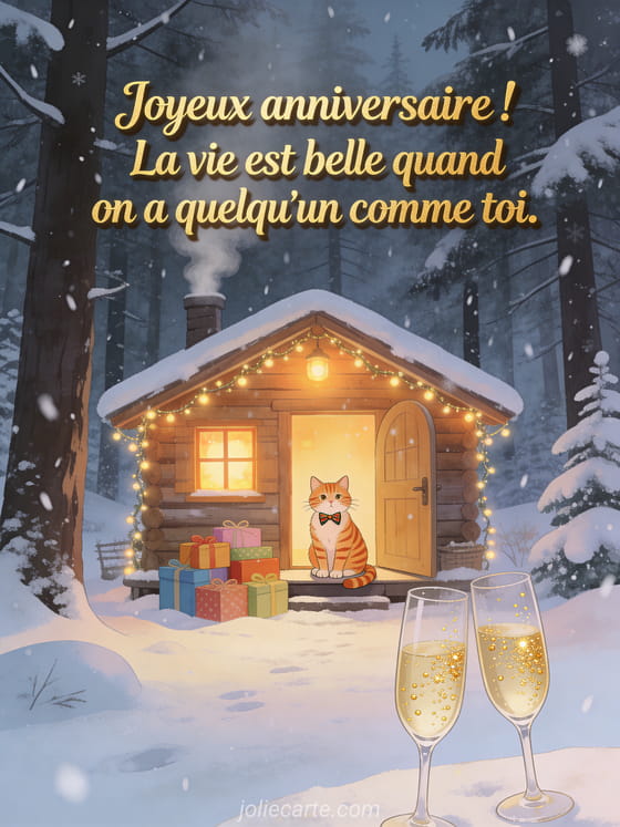 Forêt enneigée avec cabane en bois et chat roux tigré sur le seuil, guirlandes lumineuses et neige douce qui tombe