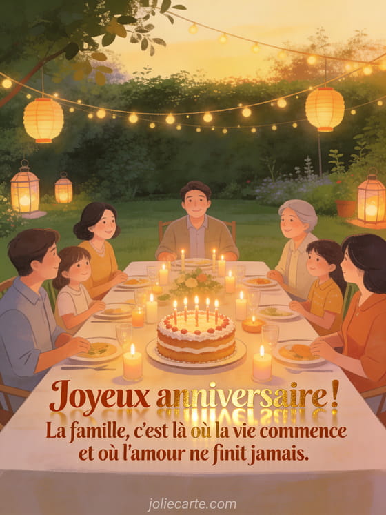 Grande table familiale décorée avec bougies, gâteau et guirlandes lumineuses dans un jardin avec lampions