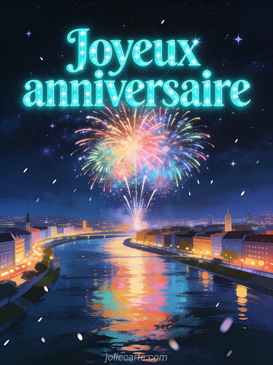 Feu d'artifice multicolore explosant dans un ciel nocturne étoilé au-dessus d'une ville illuminée avec le texte Joyeux anniversaire