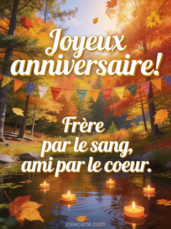 Paysage automnal de Nouvelle-Angleterre avec bougies flottantes sur un étang et fanions colorés entre les arbres avec le texte Joyeux anniversaire