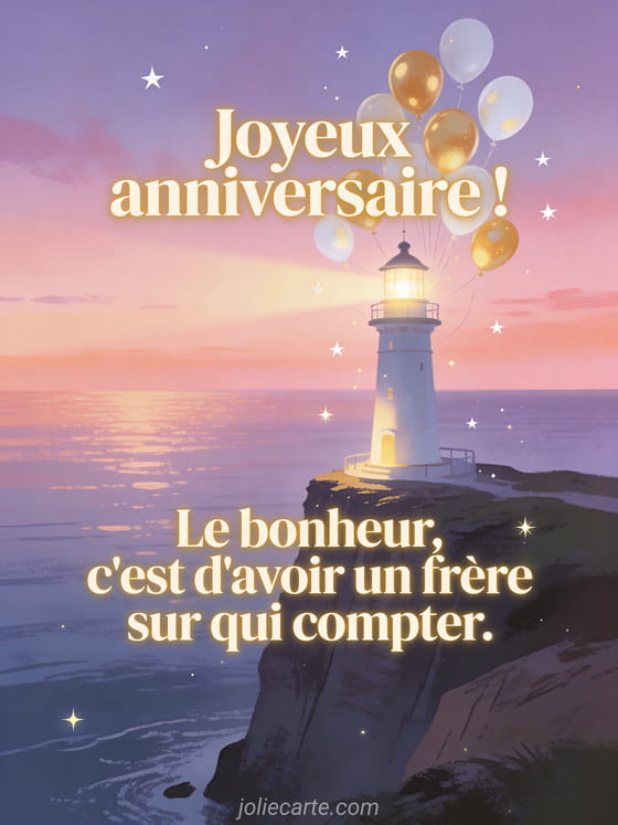 Phare lumineux sur une falaise au crépuscule avec ciel rose et violet, ballons dorés et blancs flottant autour avec le texte Joyeux anniversaire