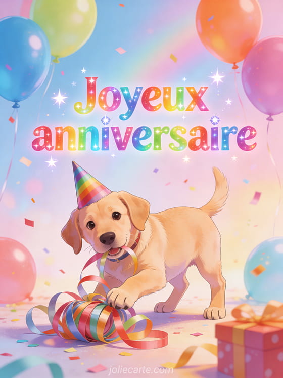 Petit chiot labrador espiègle avec un chapeau de fête entouré de ballons multicolores et confettis avec le texte Joyeux anniversaire