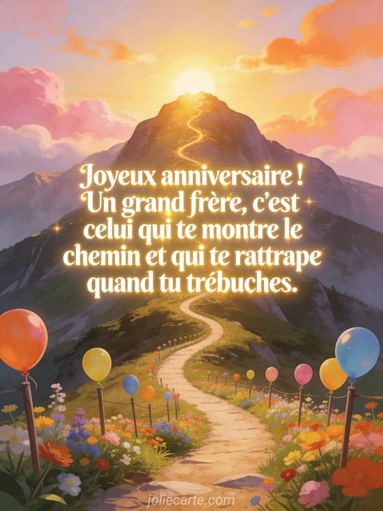 Sentier de montagne menant vers un sommet baigné de lumière dorée avec fleurs sauvages et ballons colorés avec le texte Joyeux anniversaire