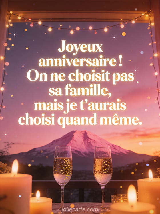 Montagne rose au coucher du soleil avec bougies et coupes de champagne au premier plan et guirlande lumineuse festive avec le texte Joyeux anniversaire