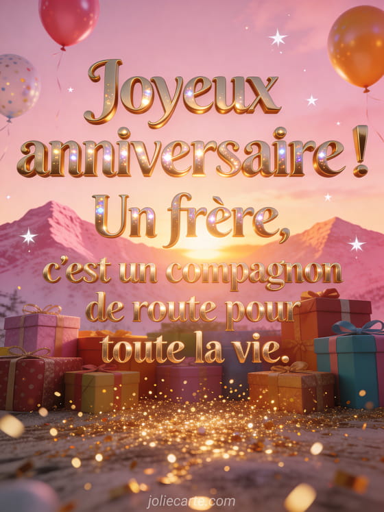 Montagne rose au coucher du soleil avec cadeaux colorés et paillettes dorées, ballons festifs dans le ciel rosé avec le texte Joyeux anniversaire