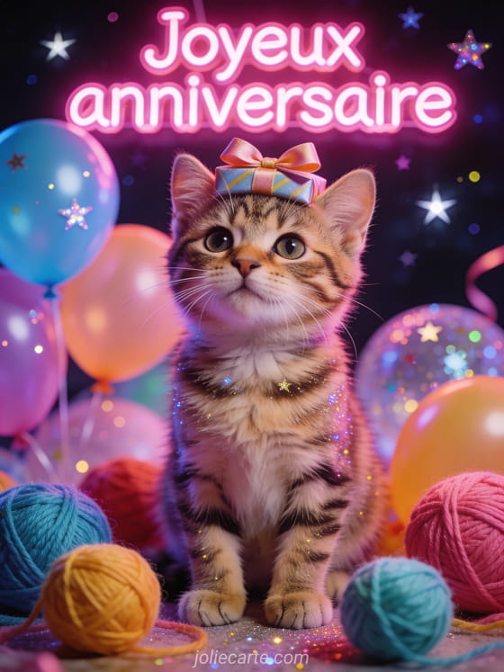 Chaton tigré joueur avec un noeud cadeau sur la tête entouré de pelotes de laine et ballons avec paillettes scintillantes et le texte Joyeux anniversaire