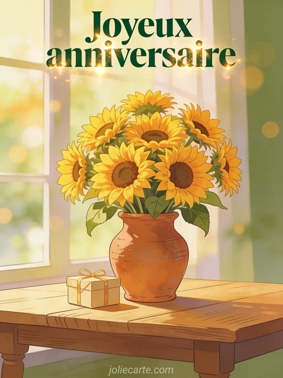 Bouquet de tournesols dans un vase rustique en terre cuite sur une table en bois avec un petit cadeau emballé et le texte Joyeux anniversaire