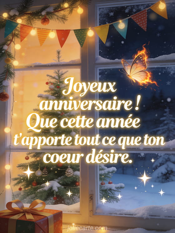 Papillon flambé près d'une fenêtre avec guirlande de fanions colorés et cadeau emballé avec ruban et le texte Joyeux anniversaire