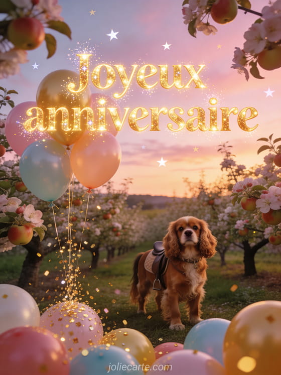 Verger de pommiers en fleurs au crépuscule avec cavalier king charles, pluie de paillettes dorées et ballons colorés flottants avec le texte Joyeux anniversaire