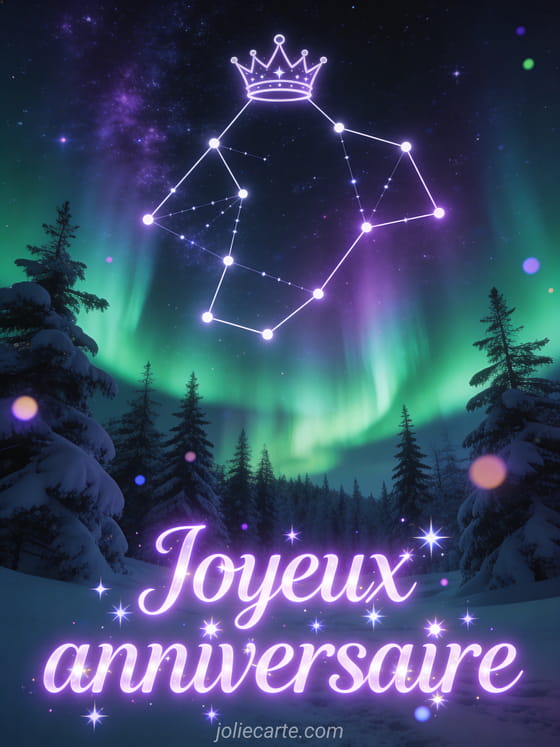 Constellation en forme de couronne dans un ciel nocturne avec aurore boréale verte et violette et sapins enneigés avec le texte Joyeux anniversaire