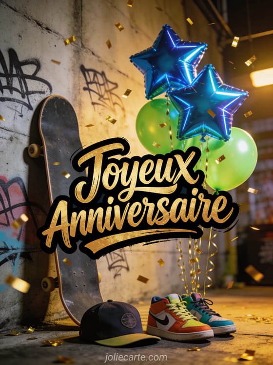 Skateboard posé contre un mur de béton tagué avec casquette et sneakers colorées, ballons étoiles bleu et vert lime avec confettis dorés avec le texte Joyeux anniversaire