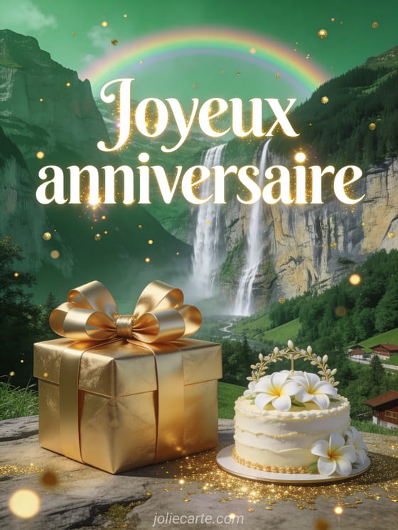 Vallée de Lauterbrunnen avec cascades spectaculaires, nœud de cadeau doré et gâteau décoré de fleurs de tiaré avec arc-en-ciel avec le texte Joyeux anniversaire