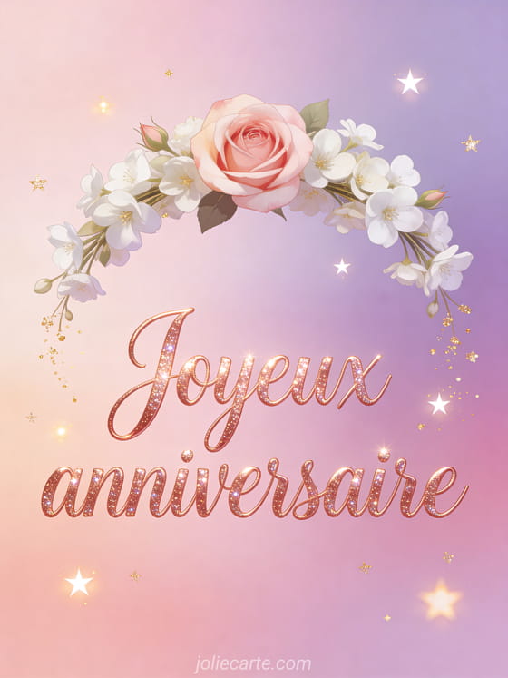 Lettres cursives rose gold avec étincelles scintillantes, couronne de fleurs roses et blanches formant un arc sur fond rose poudré et lavande avec paillettes dorées avec le texte Joyeux anniversaire