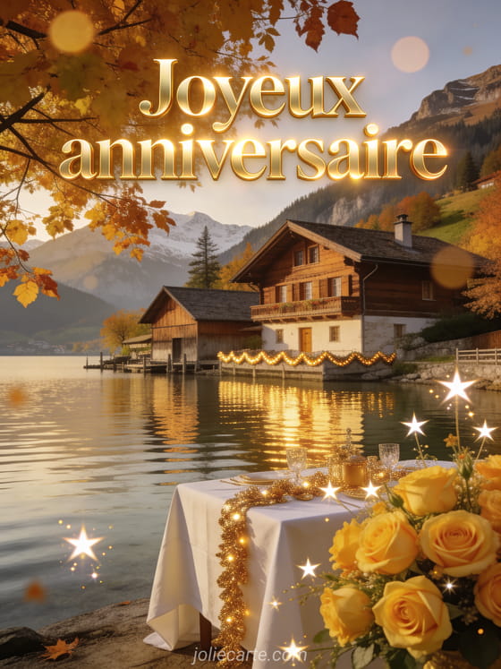 Lac alpin suisse avec chalets en bois, feuilles dorées et roses jaunes en bouquet, table festive avec décorations dorées au bord de l'eau avec le texte Joyeux anniversaire