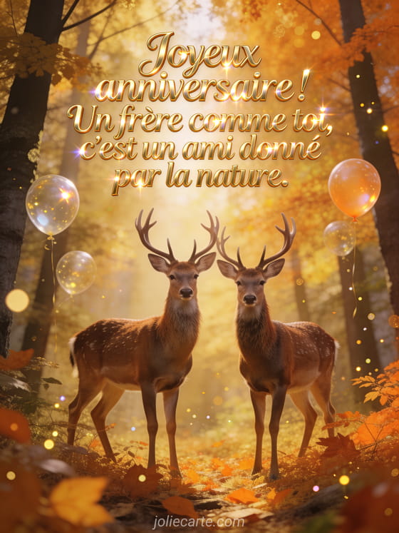 Lettres dorées élégantes avec deux cerfs majestueux côte à côte dans une forêt automnale dorée avec ballons transparents et bokeh lumineux