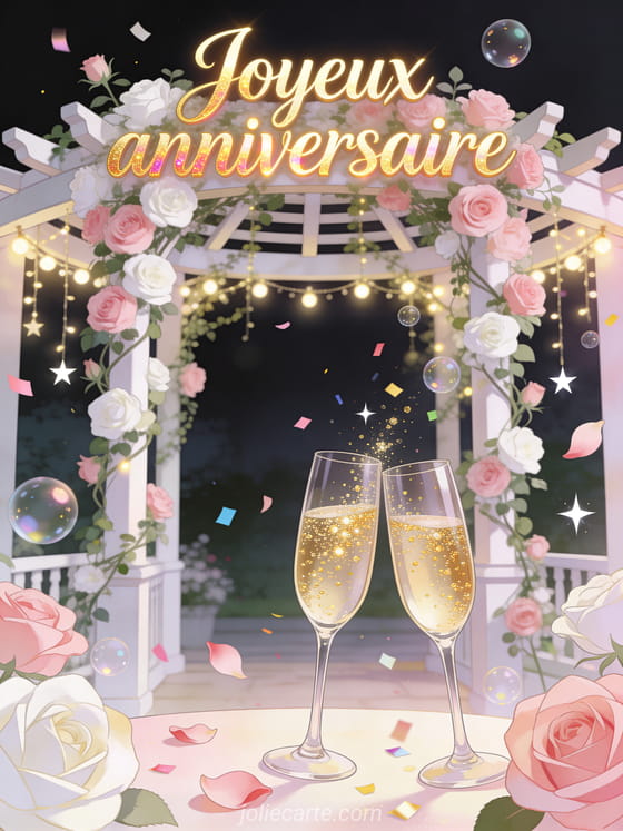 Pergola romantique avec rosiers grimpants roses et blancs, coupes de champagne avec bulles dorées et confettis, guirlandes lumineuses et pétales flottants avec le texte Joyeux anniversaire