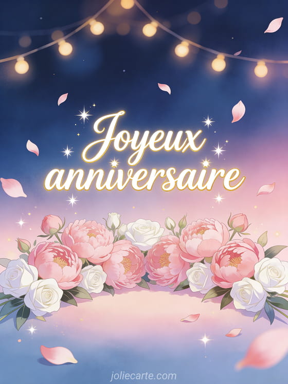 Bouquet de pivoines roses et roses blanches en demi-cercle sur fond bleu nuit et rose tendre, guirlande de lumières chaudes et pétales flottants avec le texte Joyeux anniversaire