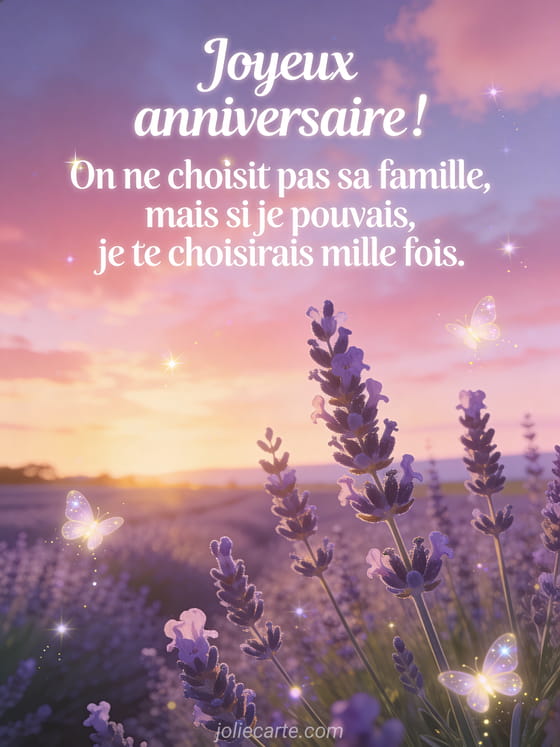 Champ de lavande en fleurs sous une lumière dorée de fin d'après-midi avec ciel rosé et violet et lucioles scintillantes