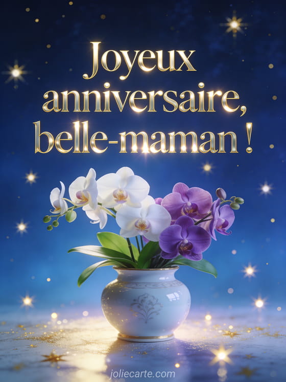 Bouquet d'orchidées blanches et violettes dans un vase en porcelaine sur fond bleu nuit avec étoiles dorées scintillantes