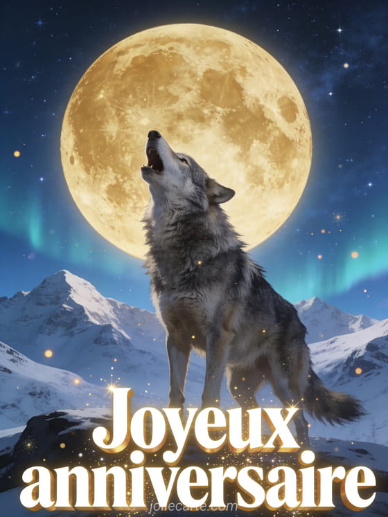 Loup gris majestueux hurlant devant une pleine lune dorée géante avec montagne enneigée et ciel étoilé avec le texte Joyeux anniversaire