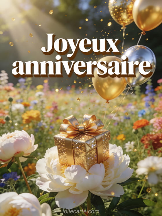 Champ de fleurs sauvages multicolores avec nœud de cadeau doré scintillant, ballons dorés et argentés flottant au-dessus de pivoines blanches avec le texte Joyeux anniversaire