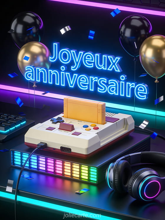 Manette de jeu vidéo rétro sur un bureau avec LED colorées, casque audio, ballons noirs et dorés et confettis métalliques sur fond néon violet et cyan avec le texte Joyeux anniversaire