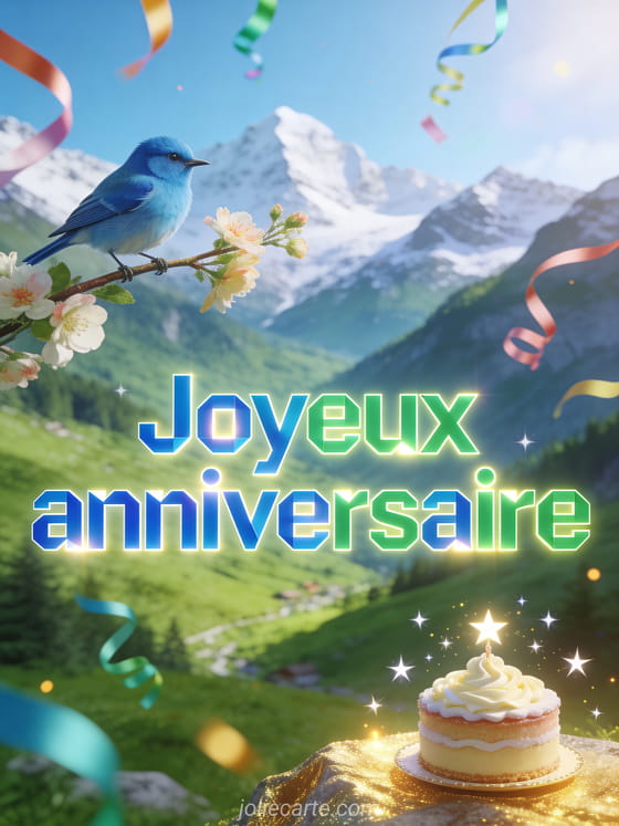 Vallée suisse verte avec sommets enneigés, mésange bleue sur une branche fleurie, serpentins colorés et gâteau décoré de crème avec le texte Joyeux anniversaire