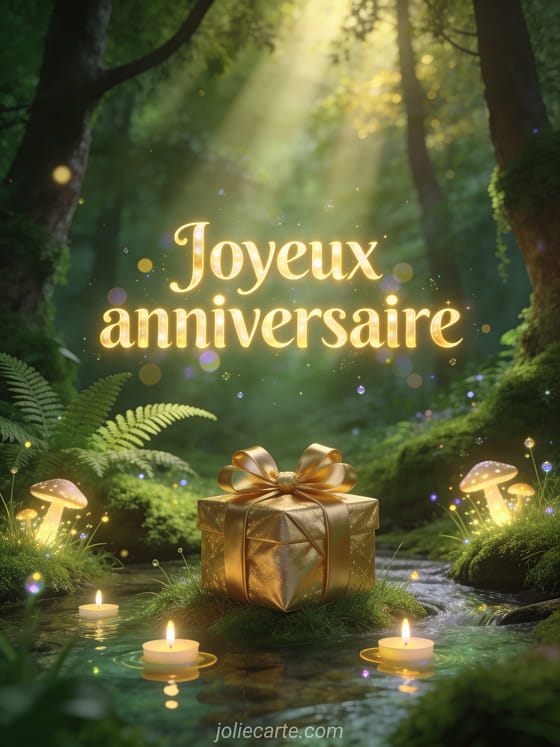 Sous-bois féerique avec mousse verte, fougères et rayons dorés, nœud de cadeau doré et bougies flottantes sur un ruisseau avec champignons lumineux avec le texte Joyeux anniversaire