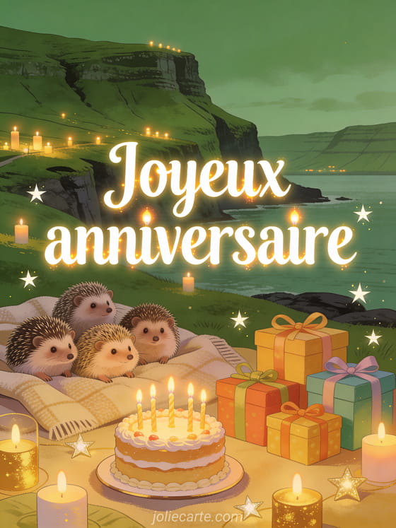 Falaises vertes des îles Féroé avec famille de hérissons sur un plaid, gâteau d'anniversaire avec bougies et pile de cadeaux colorés avec le texte Joyeux anniversaire