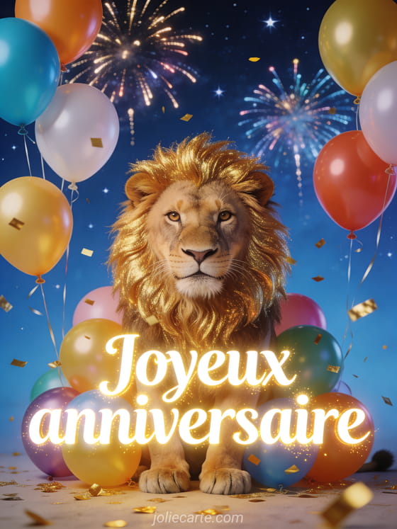 Lettres blanches lumineuses avec glow doré et lion majestueux à crinière dorée entouré de ballons colorés et confettis sur fond étoilé